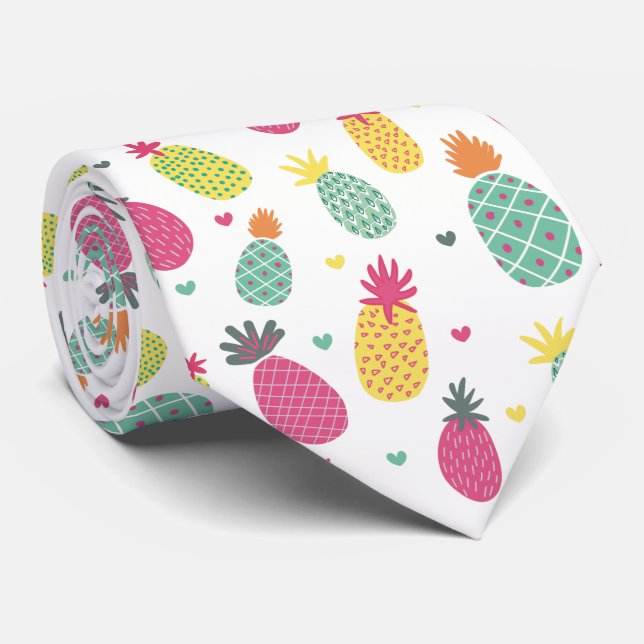 Cravate Ananas tropical et Motif cardiaque (Roulé)