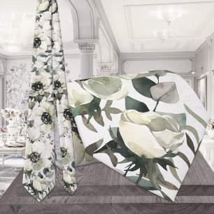 Cravate Anémones Blanches Crème Eucalyptus Vert Mariage