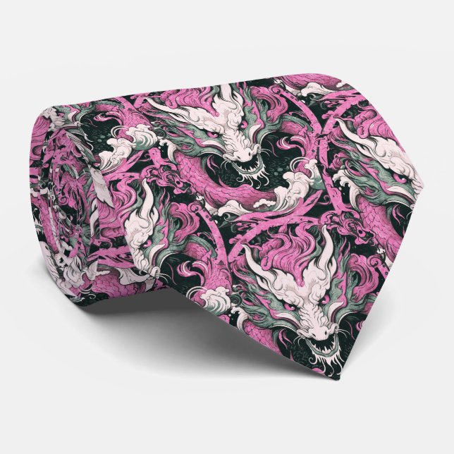 Cravate Année chinoise rose et verte du dragon (Roulé)