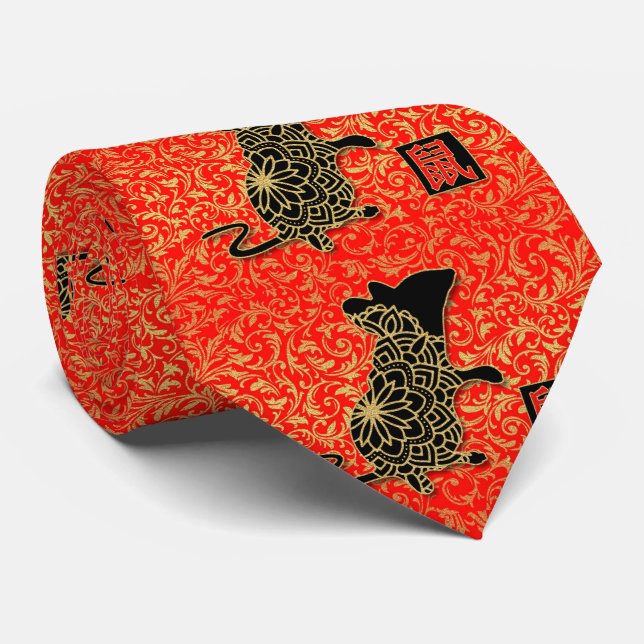 Cravate Année du Rat chinois Nouvel An rouge et or (Roulé)