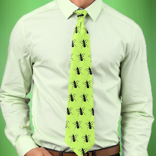 Cravate Ants Go Marching (Bright green mens necktie with marching black ants.)