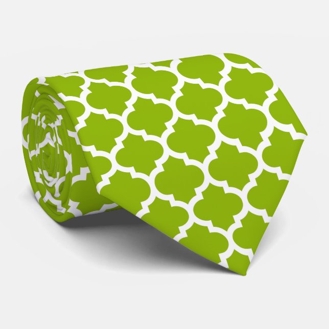 Cravate Apple Green White Marocain Quatrefoil Motif #5 (Roulé)