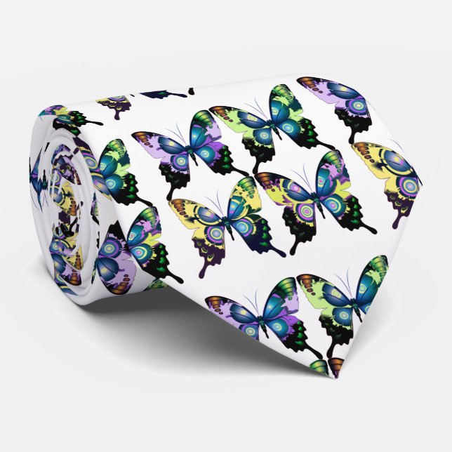 Cravate Aqua, Rose et Jaune - Élégants papillons (Roulé)