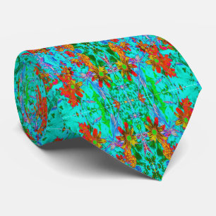 Cravate Aqua Tropical avec Fleurs Jaunes et Orange