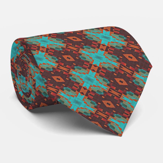 Cravate Aqua Turquoise bleu vert orange Brown Tribal (Roulé)