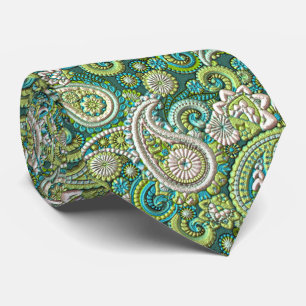 Cravate Aqua Turquoise Lime Vert Paisley Motif Floral