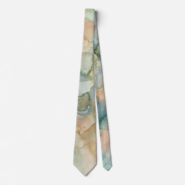 Cravate Aquarelle Abstraite en Vert, Bleu, Or (Devant)