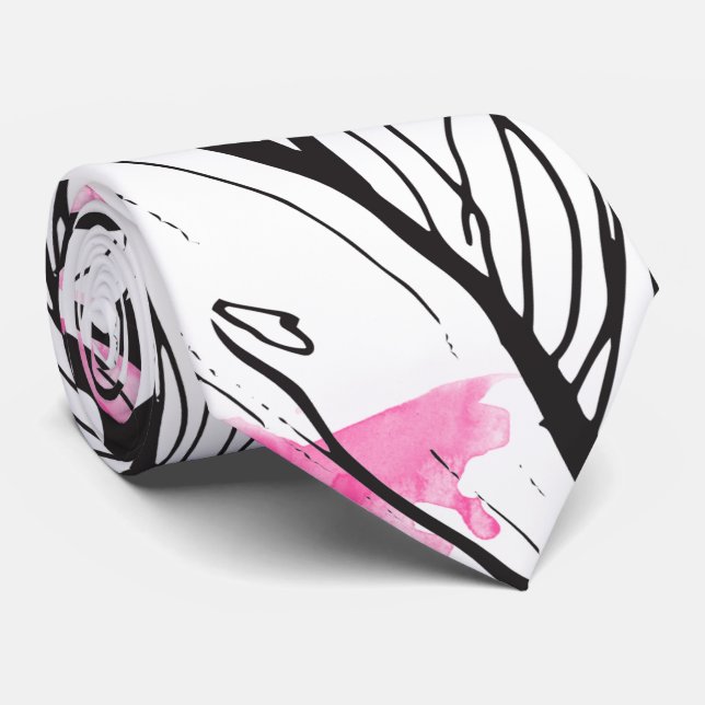 Cravate Aquarelle abstraite noire blanche florale rose (Roulé)