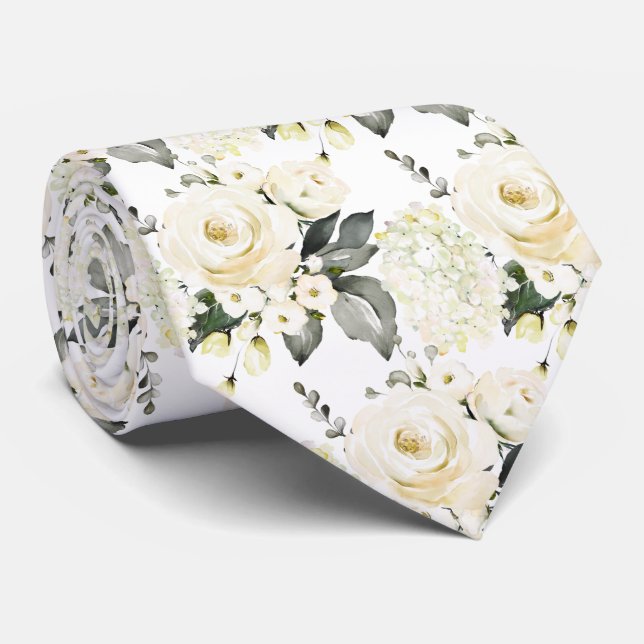 Cravate Aquarelle Albâtre Roses Pierres Hydrangeas Cou (Roulé)