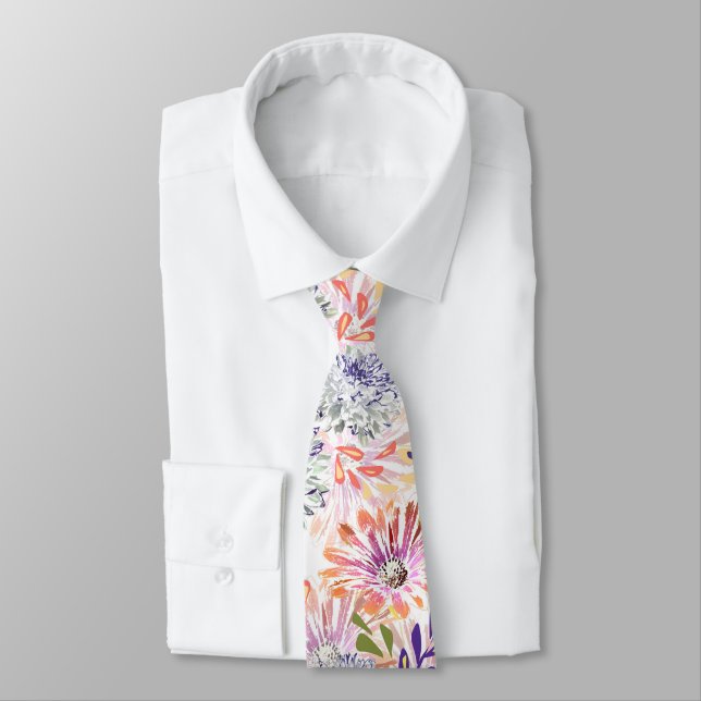 Cravate Aquarelle blanche, fleurs roses (Attaché)