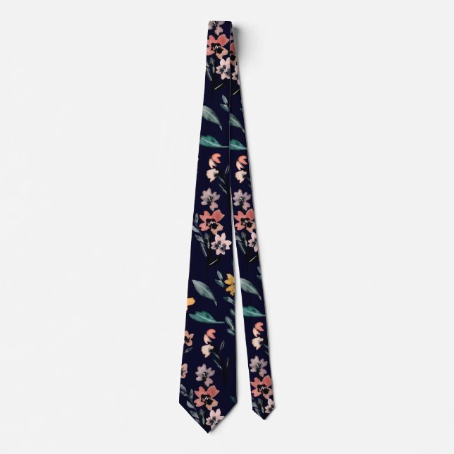 Cravate Aquarelle bleu marine Botanique Motif floral (Devant)