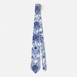 Cravate Aquarelle bleu motif floral