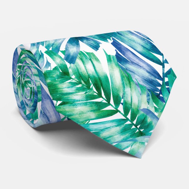 Cravate Aquarelle Bleu Vert Tropical Palmier (Roulé)