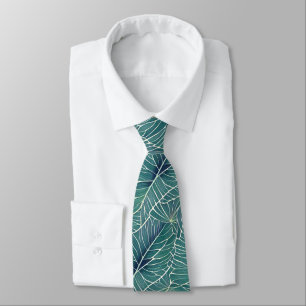 Cravate Aquarelle Bleu Vert Turquoise Tropical Feuille Mot