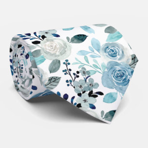 Cravate Aquarelle bleue motif floral sur blanc, Mariage