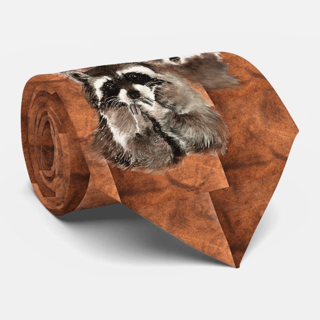 Cravate Aquarelle Cute Raccoon Famille Motif Animal (Roulé)