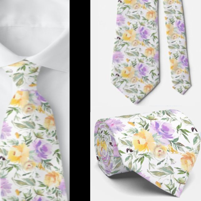 Cravate Aquarelle de lavande jaune et violet Roses Floral (Créateur téléchargé)