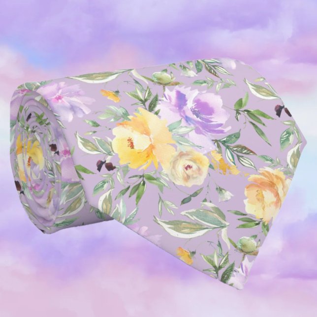 Cravate Aquarelle de lavande jaune et violet Roses Floral (Créateur téléchargé)