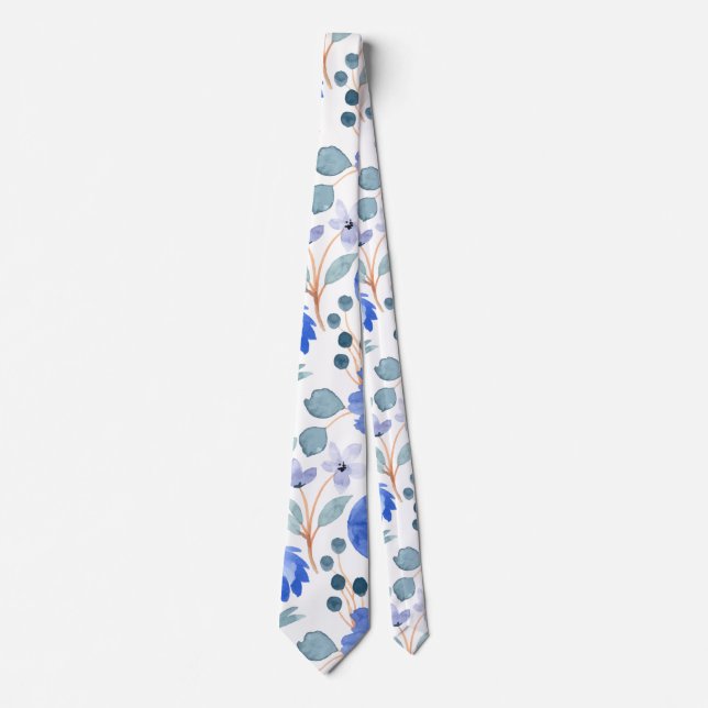 Cravate Aquarelle de verdure Bleu Patten Floral (Devant)