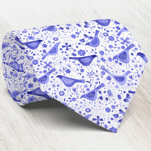 Cravate Aquarelle Fleur sauvage et ornithologique bleu bla