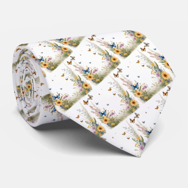 Cravate Aquarelle Fleur sauvage Gris Et Papillons, (Roulé)