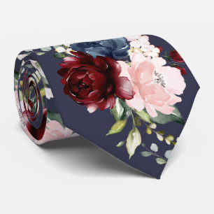 Cravate Aquarelle Fleurs Bourgogne Blush Navy