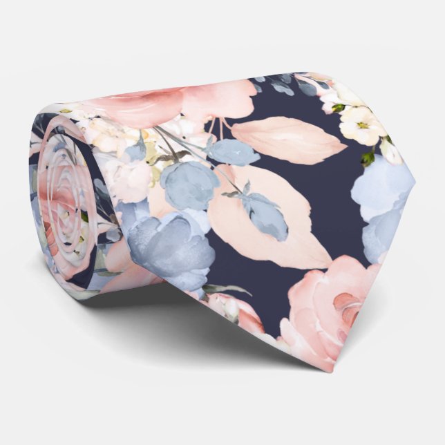 Cravate Aquarelle Fleurs Dusty Bleu Dusty Roses Rose (Roulé)