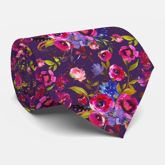 Cravate Aquarelle Floral Couleurs vives Motif  (Roulé)