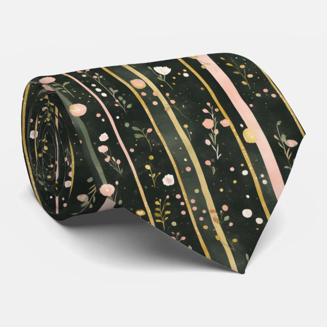 Cravate Aquarelle Florale rayée Vert foncé Or Rose Hommes (Roulé)