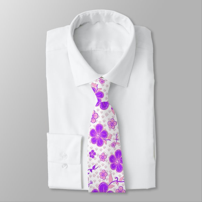 Cravate Aquarelle florale simple impression violet et rose (Attaché)