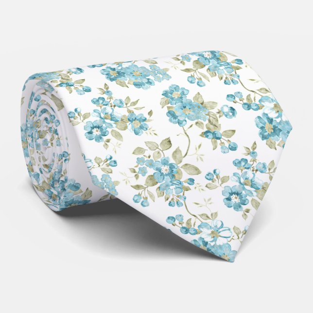 Cravate Aquarelle Florale Turquoise Vert Olive (Roulé)