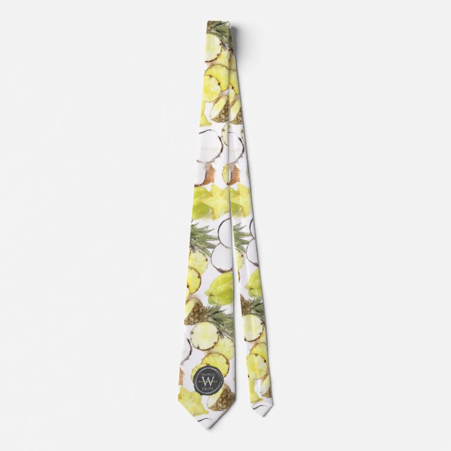 Cravate Aquarelle fraîche Fruits tropicaux Monogramme Moti (Devant)