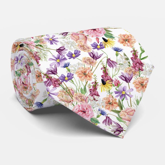 Cravate Aquarelle Motif floral de prairie sauvage (Roulé)
