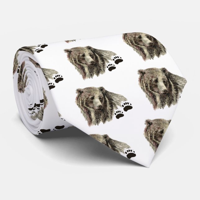 Cravate Aquarelle originale Grizzli Ours Nature animale (Roulé)