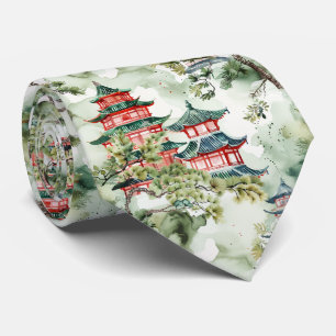 Cravate Aquarelle Pagode asiatique dans paysage verdoyant 