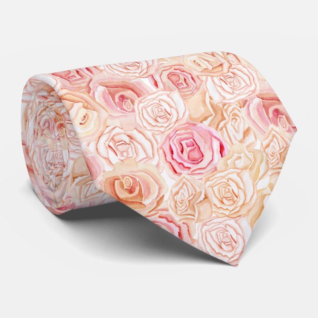 Cravate Aquarelle rose et rose Rose motif floral (Roulé)