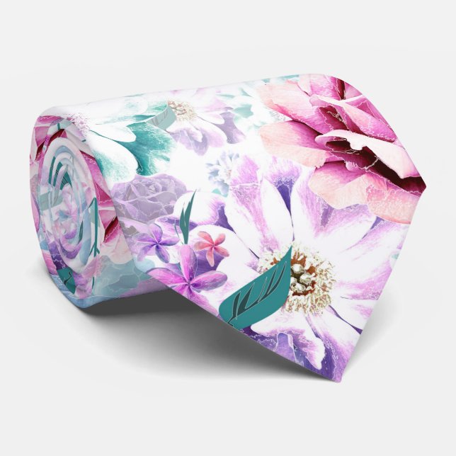 Cravate Aquarelle rose, fleurs bleues. (Roulé)