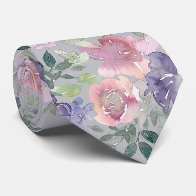 Cravate Aquarelle rose floral bleu et violet (Roulé)