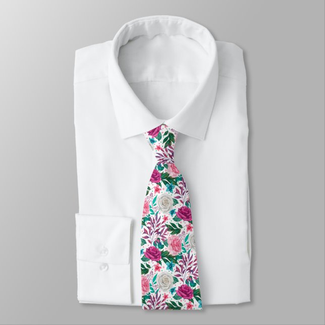 Cravate Aquarelle Roses Fuchsia rose blanc Turquoise (Attaché)