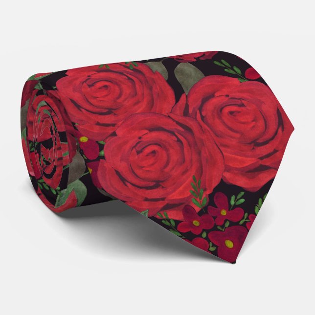 Cravate Aquarelle, roses rouges, noir, rose, motif floral (Roulé)