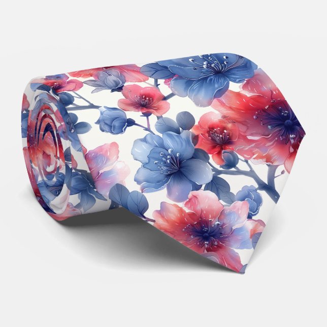 Cravate Aquarelle rouge, fleurs bleues sur le blanc (Roulé)