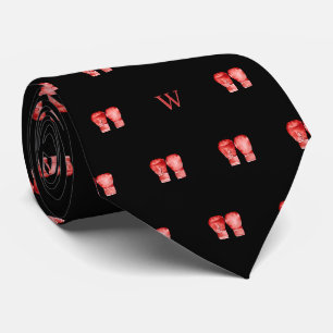 Cravate Aquarelle rouge Gant de boxe Monogramme initial no