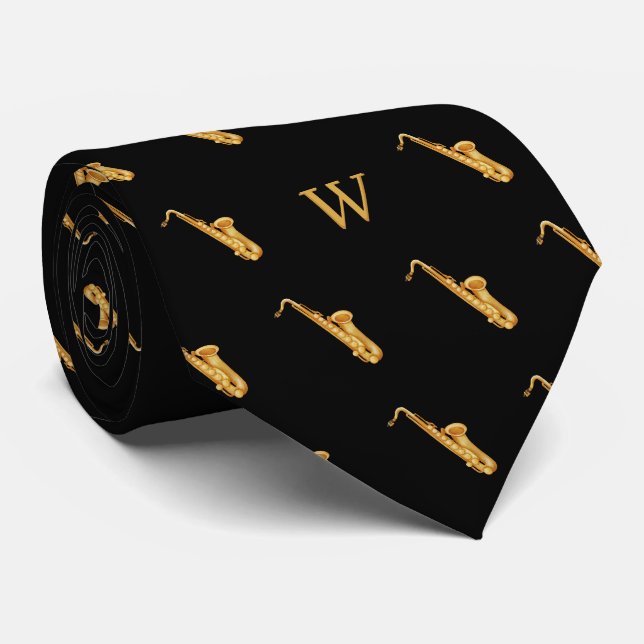 Cravate Aquarelle Saxophone Jazz Musique Monogramme Noir (Roulé)