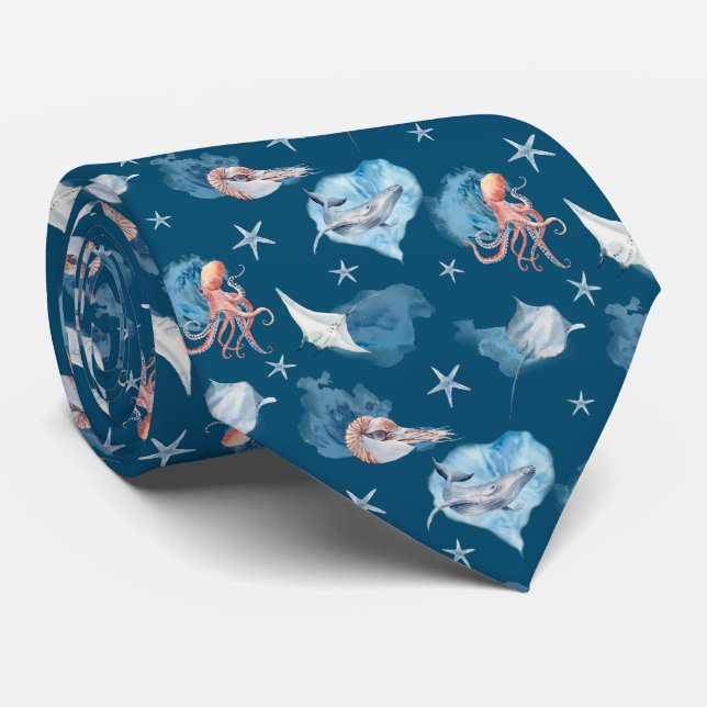Cravate Aquarelle Sea Animaux Ocean Blue Design (Roulé)