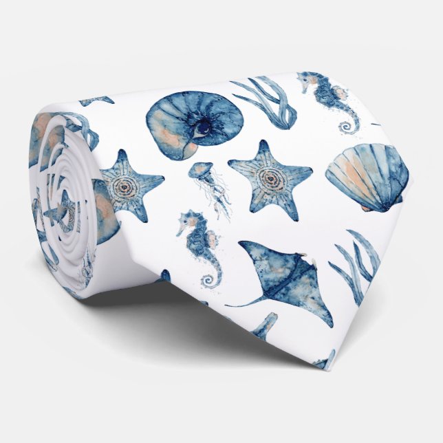 Cravate Aquarelle sous le Motif de mer (Roulé)