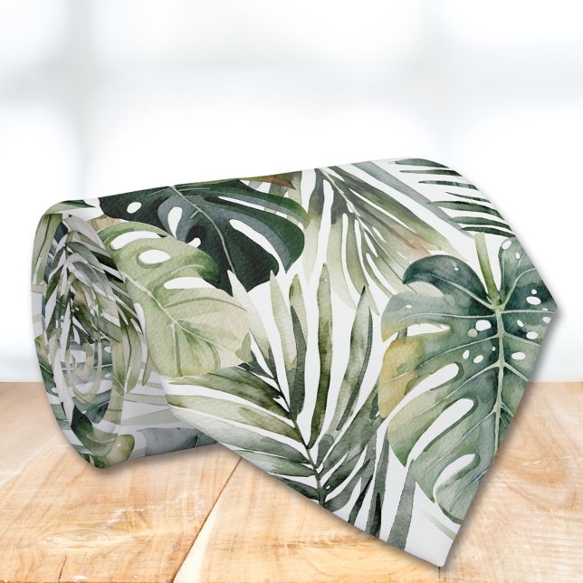 Cravate Aquarelle Vert Forêt tropicale Feuille Motif (In situ)
