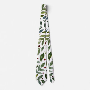 Cravate Aquarelle verte branches saisonnières et baies