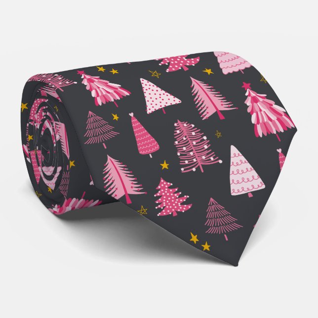 Cravate Arbre de Noël rose et gris (Roulé)