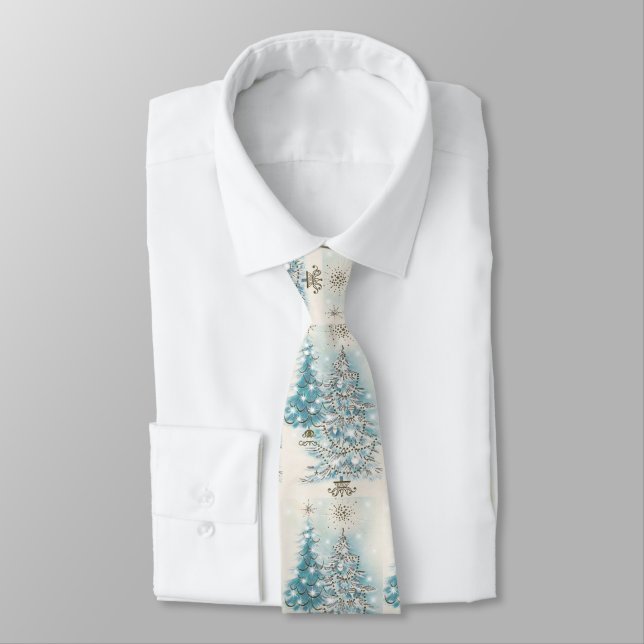 Cravate Arbres d'argent bleu Noël vintage (Attaché)