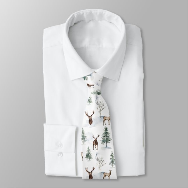 Cravate Arbres d'hiver & cerfs de Noël & motif de neige (Attaché)